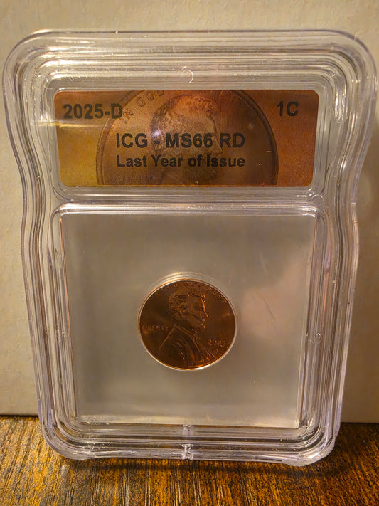 LAST YEAR OF THE PENNY. 2025-D 1c ICG MS66 RD Lincoln Shield