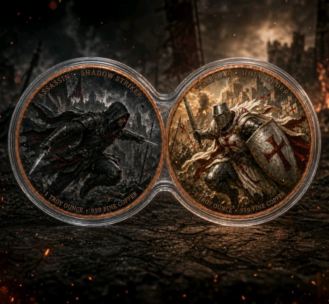 The DuoStack Assassin vs Templar vs Spartan 2x1 oz Copper Medal Set