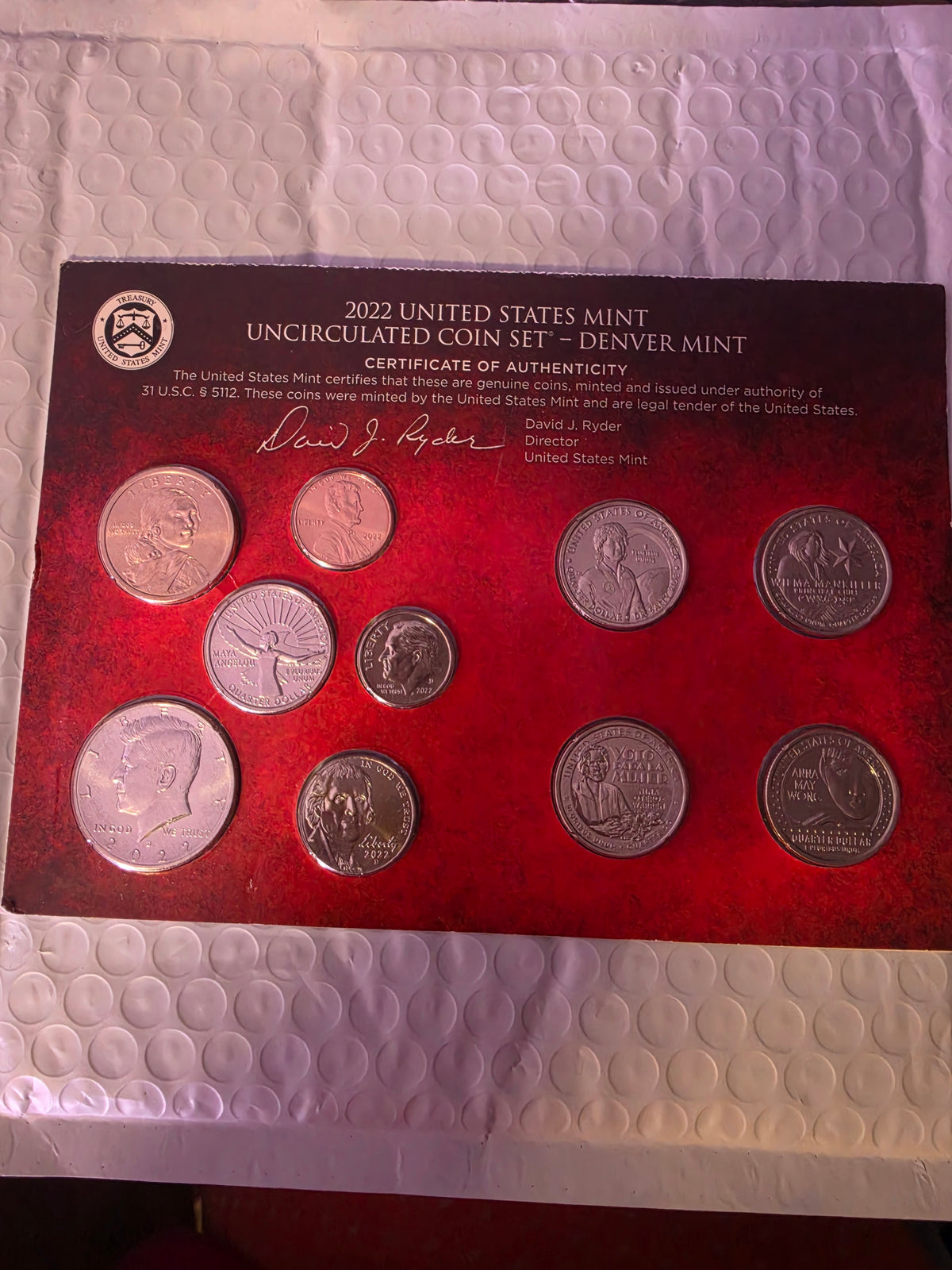 2022 United States Mint Uncirculated Coin Set (Denver Mint) inside its protective packaging with a Certificate of Authenticity
