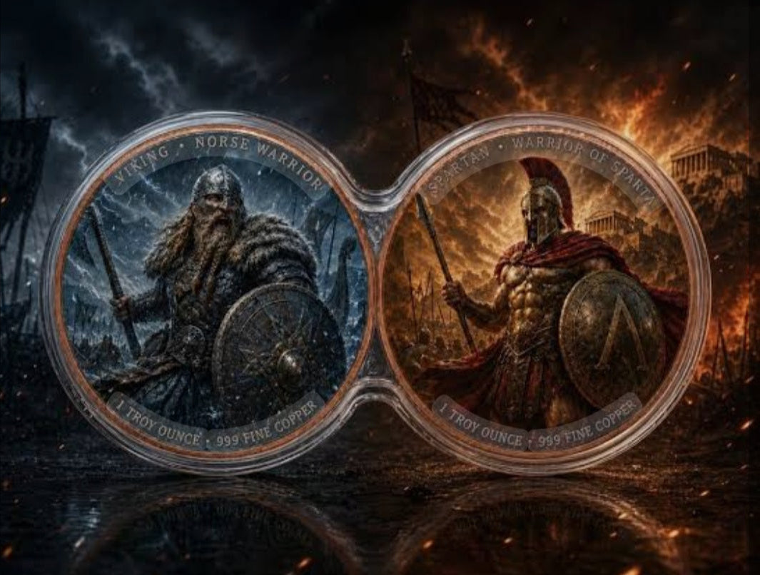 DuoStack Viking vs Spartan 2x1 oz copper medal set housed in a capsule